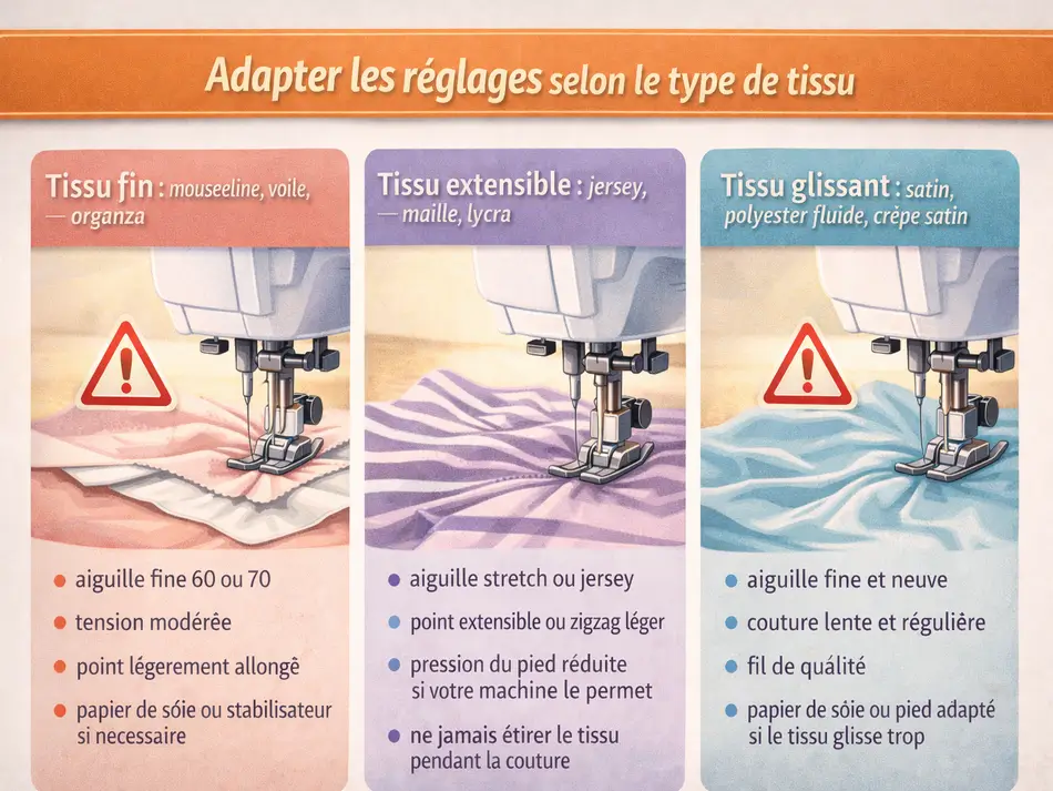 Éviter les fronces à la machine à coudre : comprendre et résoudre le tissu qui plisse sous la machine 3 Adapter les réglages de la machine à coudre selon le tissu : conseils pour tissu fin, extensible et glissant afin d’éviter les fronces