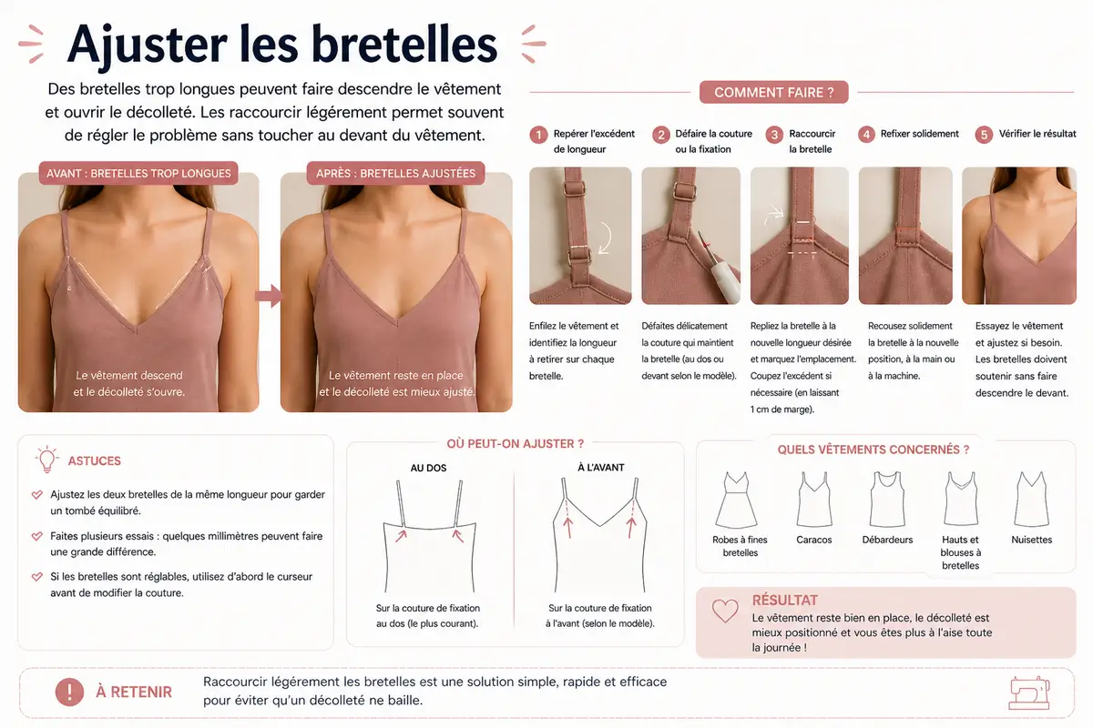 Tutoriel couture montrant comment raccourcir des bretelles trop longues pour remonter le vêtement et éviter qu’un décolleté baille