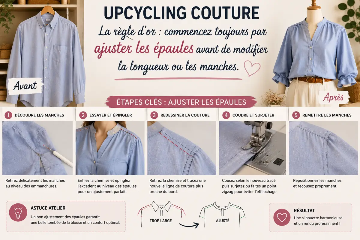 Tutoriel couture upcycling montrant les étapes pour ajuster les épaules d’une chemise homme avant de créer une blouse femme