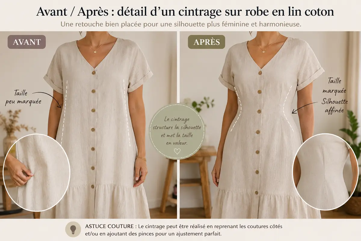 Zoom couture robe en lin coton blanc avec retouche taille