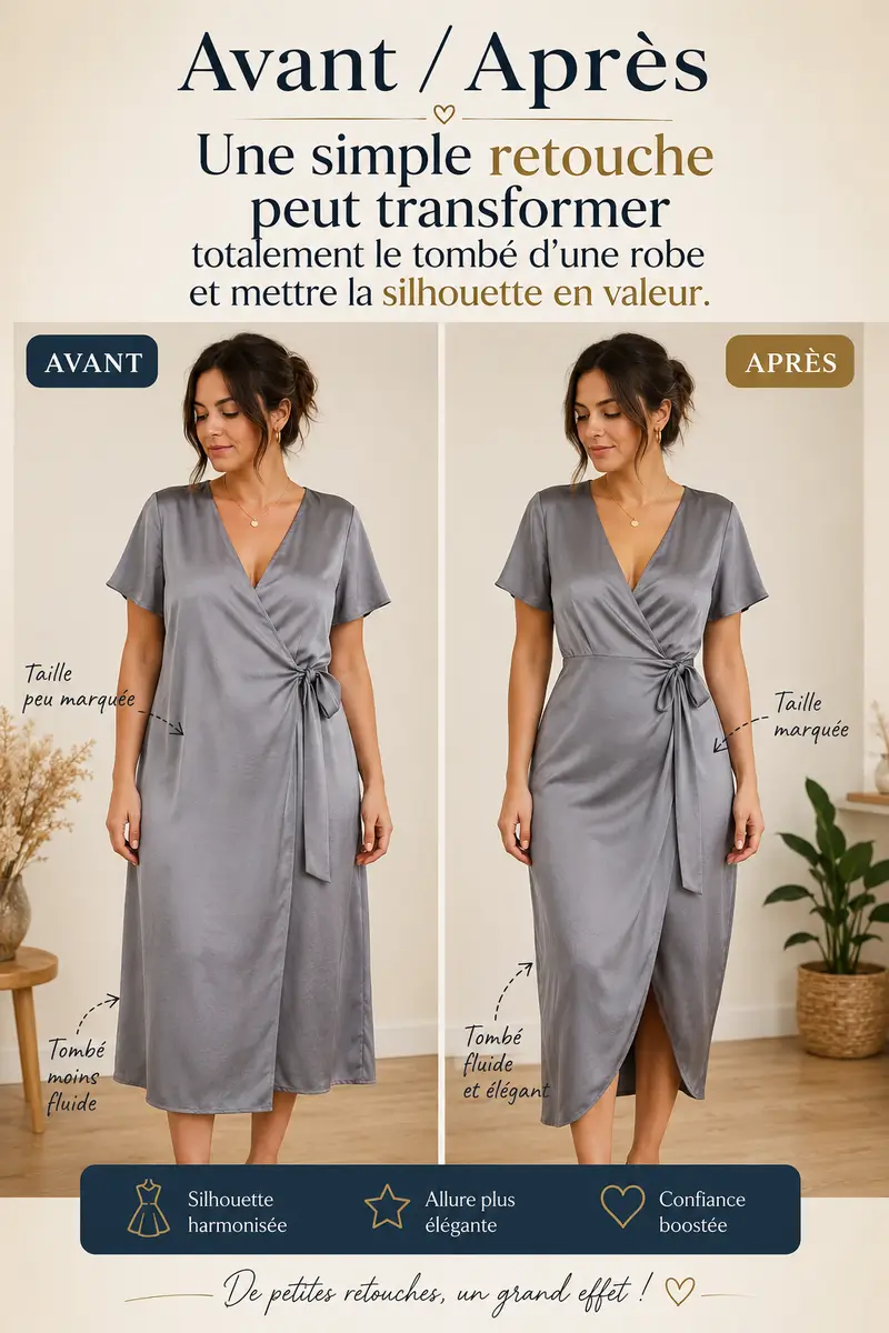 Avant après retouche couture robe flatteuse en crêpe satin gris