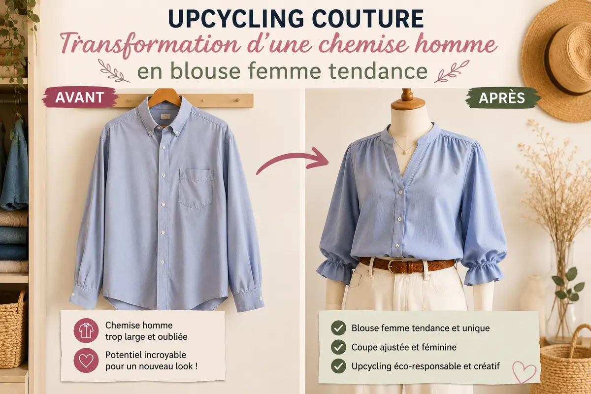 Photo avant après d’une chemise homme transformée en blouse femme tendance grâce à l’upcycling couture