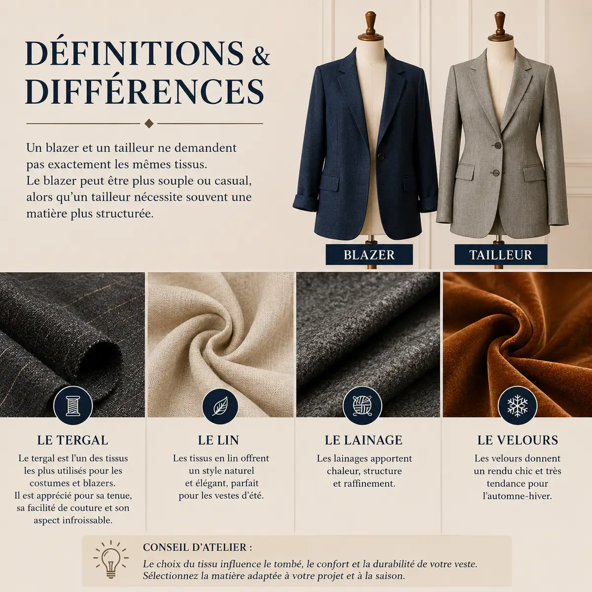 Tergal, lin, lainage ou velours pour choisir le bon tissu de blazer selon le tombé, la tenue et la saison
