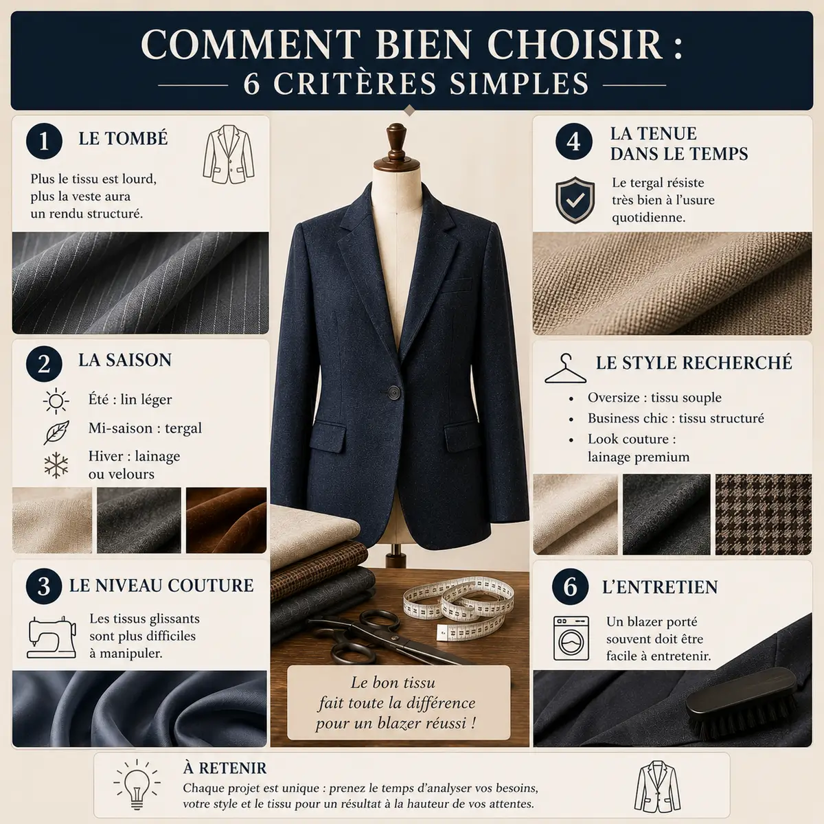 Infographie couture avec 6 critères pour choisir un tissu de blazer : tombé, saison, niveau couture, tenue, style et entretien