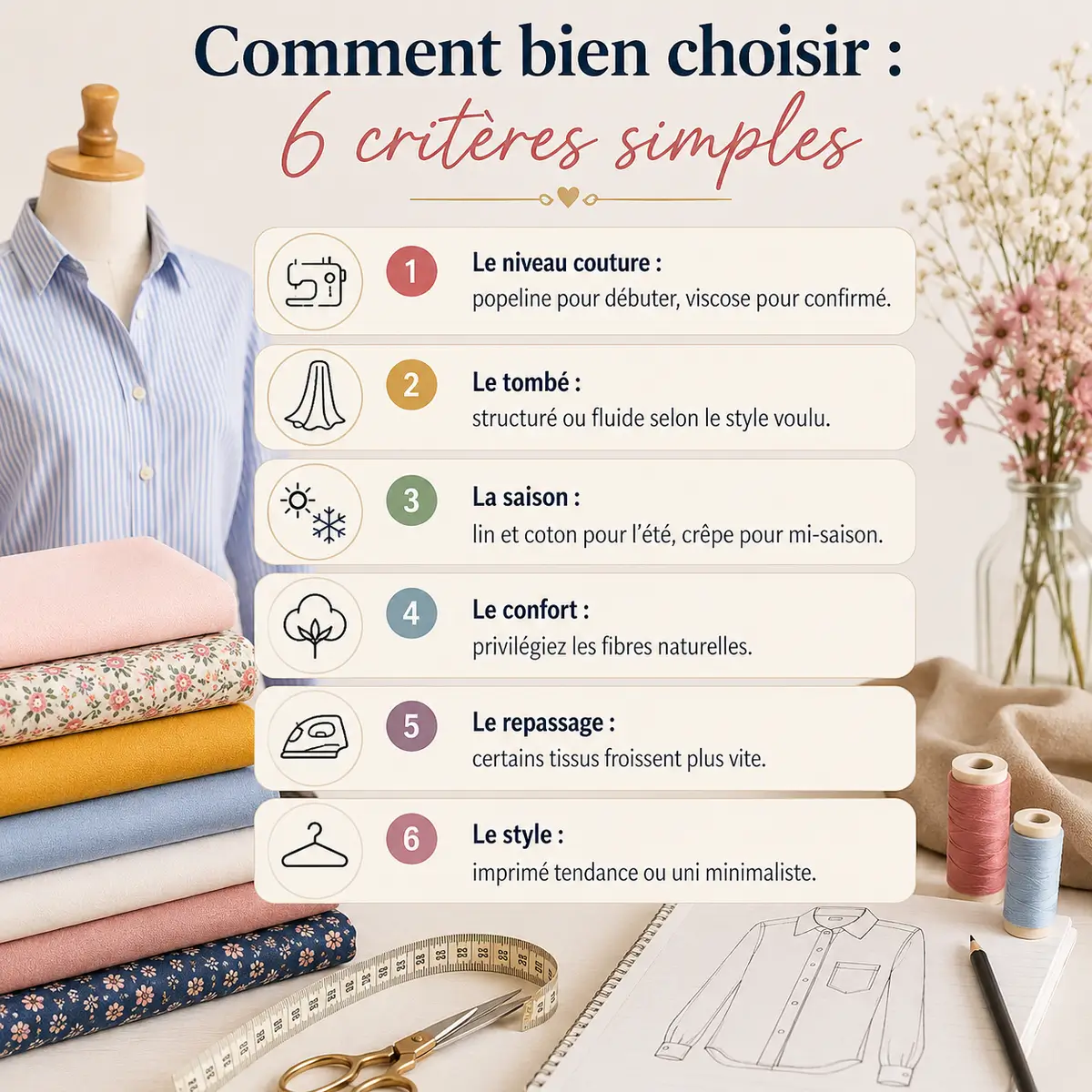 Infographie couture présentant 6 critères pour choisir un tissu de chemise femme : niveau, tombé, saison, confort, repassage et style