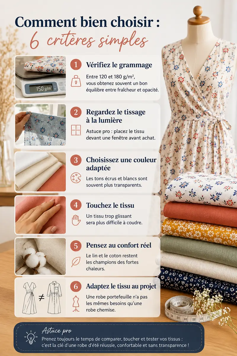 Infographie verticale avec 6 critères pour choisir un tissu léger opaque pour coudre une robe d’été confortable