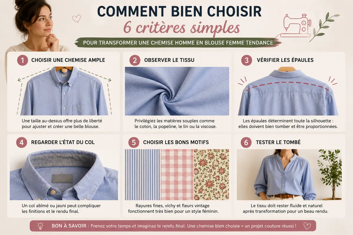 Infographie couture montrant 6 critères pour choisir une chemise homme à transformer en blouse femme upcycling