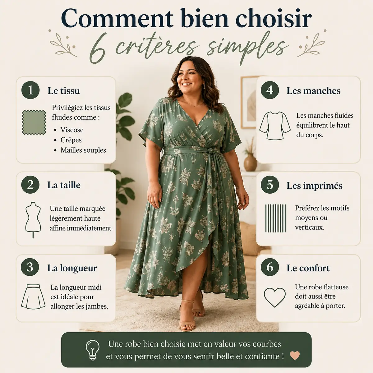 Infographie présentant six critères pour choisir une robe flatteuse quand on est ronde : tissu, taille, longueur, manches, imprimés et confort