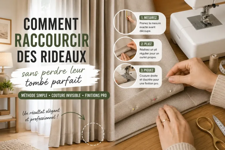Tutoriel couture pour raccourcir des rideaux avec prise de mesure, pliage de l’ourlet et piqûre invisible