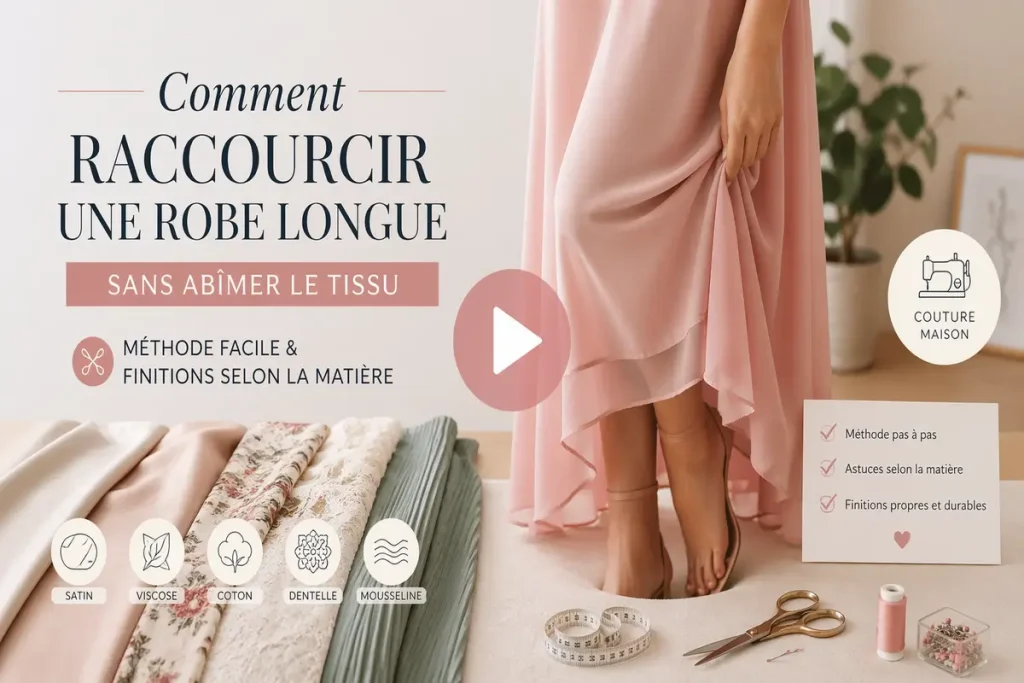 Femme tenant le bas d’une robe longue fluide rose, avec tissus, ciseaux et matériel de couture, pour illustrer comment raccourcir une robe longue sans abîmer le tissu