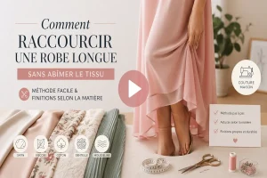 Femme tenant le bas d’une robe longue fluide rose, avec tissus, ciseaux et matériel de couture, pour illustrer comment raccourcir une robe longue sans abîmer le tissu