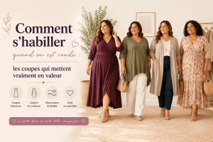 Bannière hero montrant des femmes rondes portant des coupes flatteuses avec robe portefeuille, tunique fluide, veste longue et robe imprimée