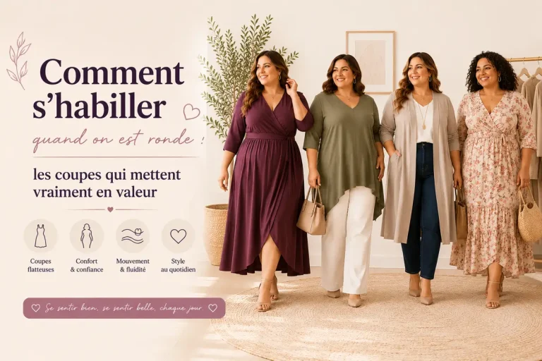 Bannière hero montrant des femmes rondes portant des coupes flatteuses avec robe portefeuille, tunique fluide, veste longue et robe imprimée