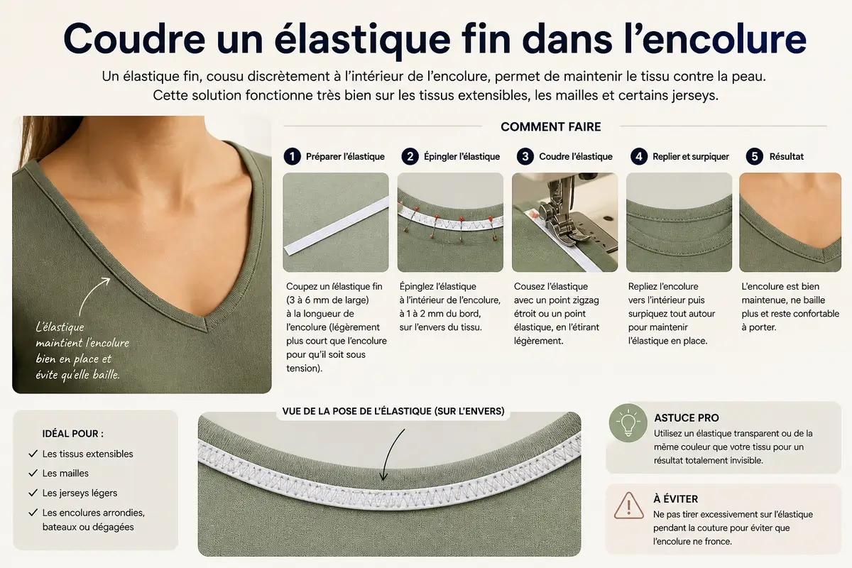 Tutoriel couture montrant comment coudre un élastique fin dans une encolure de jersey pour maintenir le décolleté en place