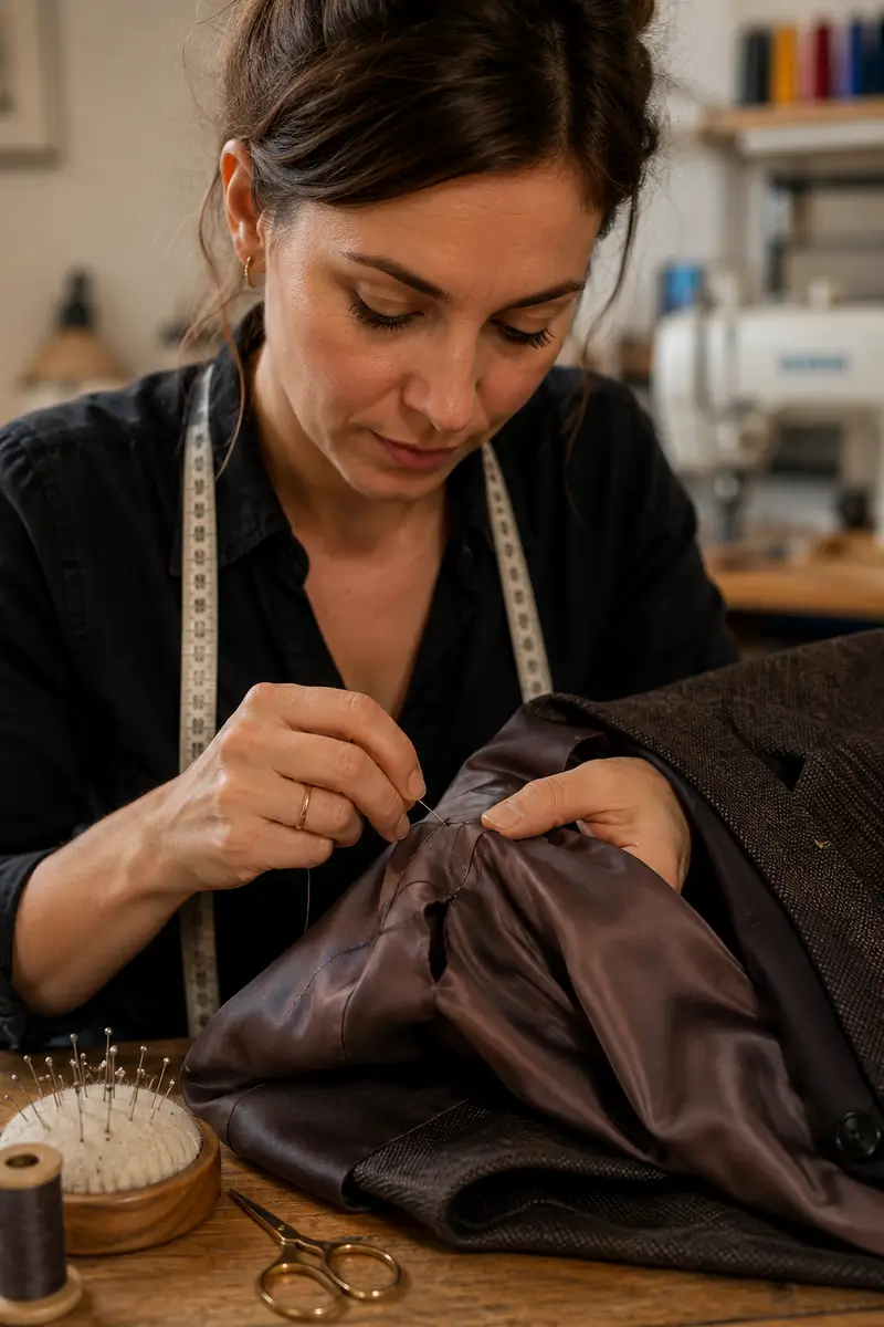 Réparation invisible d’une doublure de veste réalisée à la main par une couturière