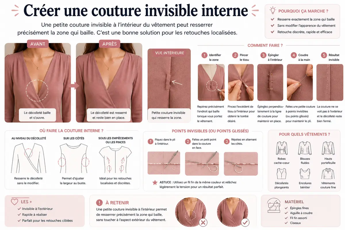 Tutoriel couture montrant comment réaliser une petite couture invisible à l’intérieur d’un vêtement pour corriger un décolleté qui baille