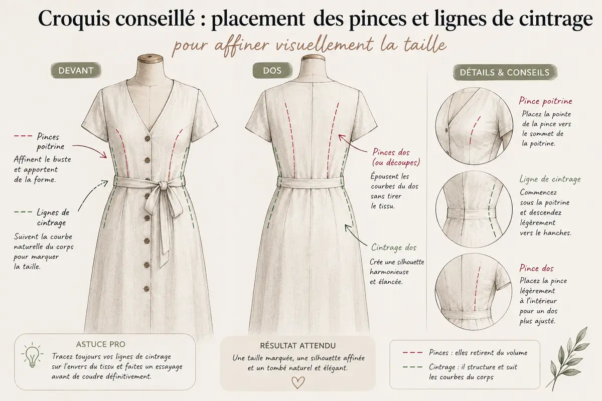 Étape couture avant après robe ajustée à la taille