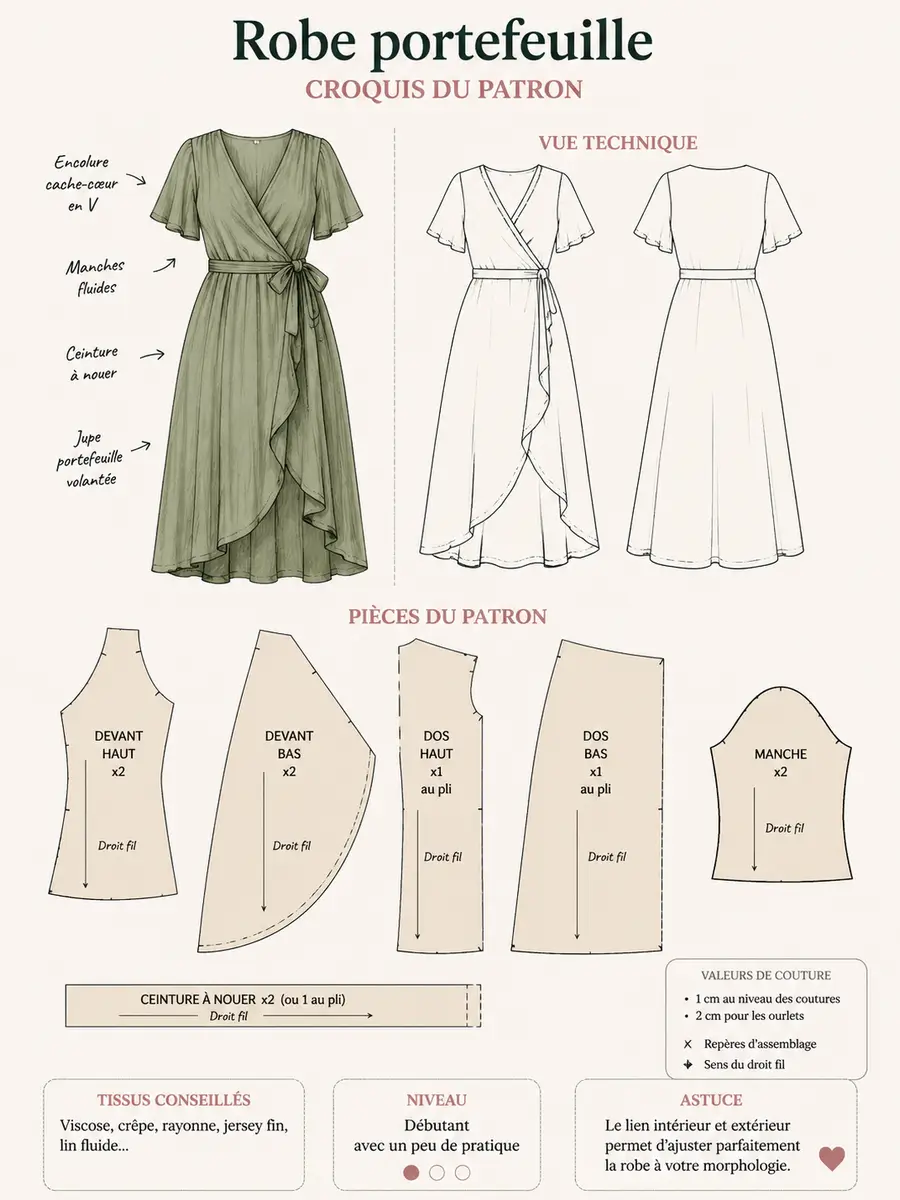 croquis patron robe portefeuille grande taille facile à coudre avec manches fluides et ceinture à nouer