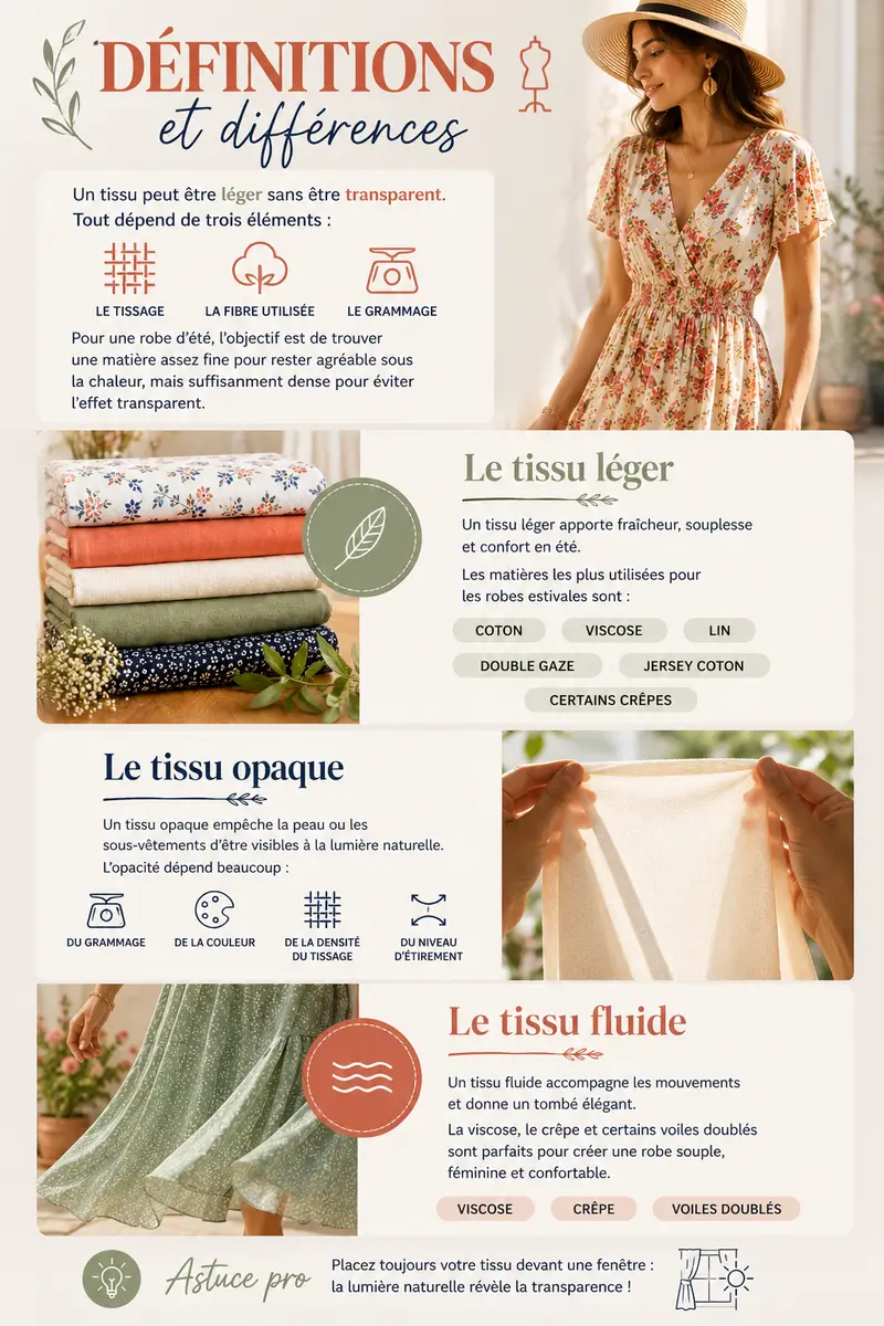 Définitions et différences entre tissu léger, tissu opaque et tissu fluide pour robe d’été