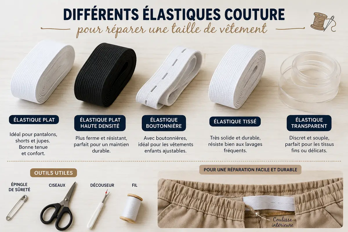 Remplacer un élastique de taille facilement : la méthode rapide qui sauve vos jupes, shorts et pantalons 3 Différents types d'élastiques couture pour remplacer une taille de pantalon