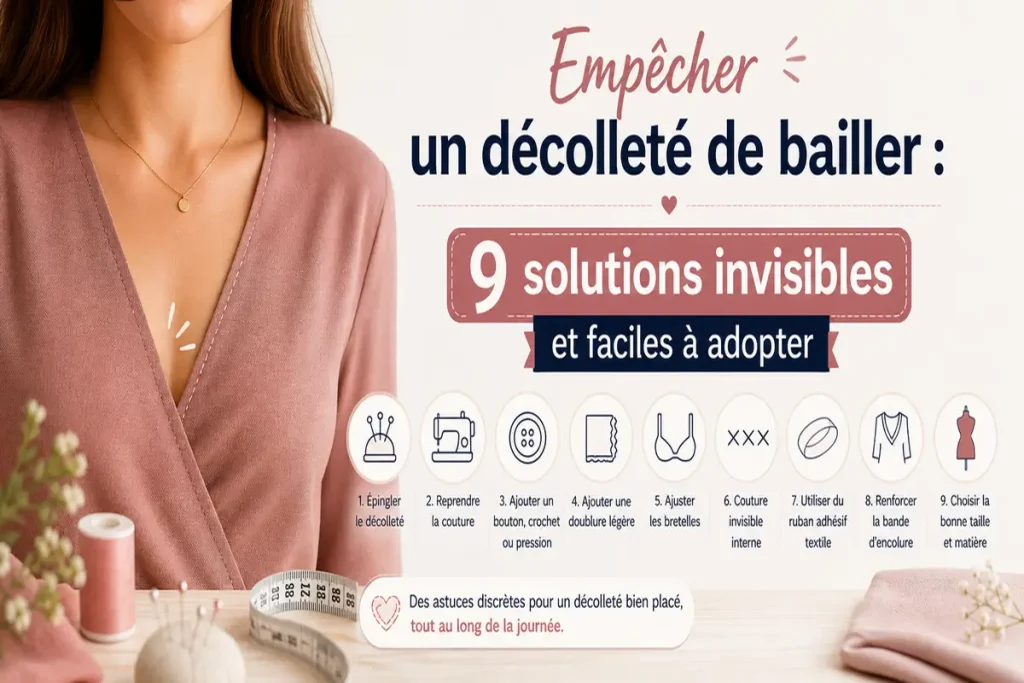 Infographie couture expliquant pourquoi un décolleté baille avec les causes principales : patron trop large, encolure trop grande, tissu fluide, bretelles longues et morphologie