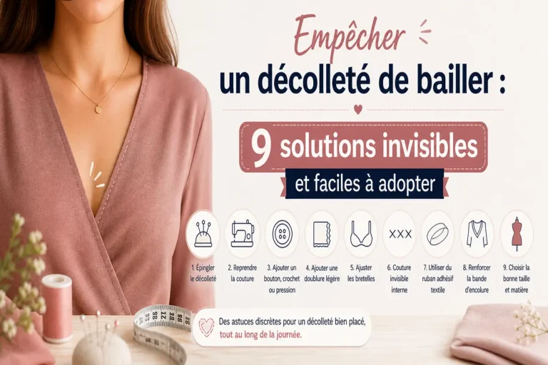 Infographie couture expliquant pourquoi un décolleté baille avec les causes principales : patron trop large, encolure trop grande, tissu fluide, bretelles longues et morphologie