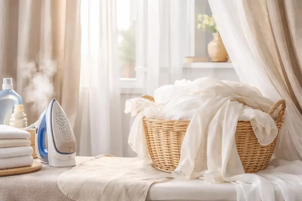 Scène de buanderie avec rideaux et voilages suspendus : entretien rideaux, lavage doux sans rétrécir et repassage délicat pour garder une belle tenue