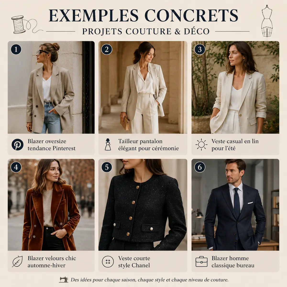 Inspirations couture pour créer un blazer ou un tailleur selon la saison, du modèle casual au look cérémonie