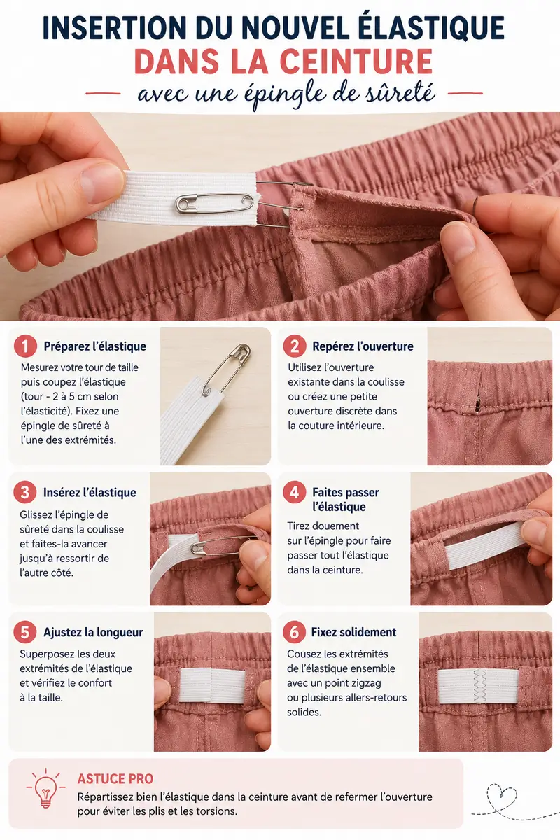 Remplacer un élastique de taille facilement : la méthode rapide qui sauve vos jupes, shorts et pantalons 4 Main guidant un nouvel élastique dans la coulisse d’un pantalon à l’aide d’une épingle de sûreté