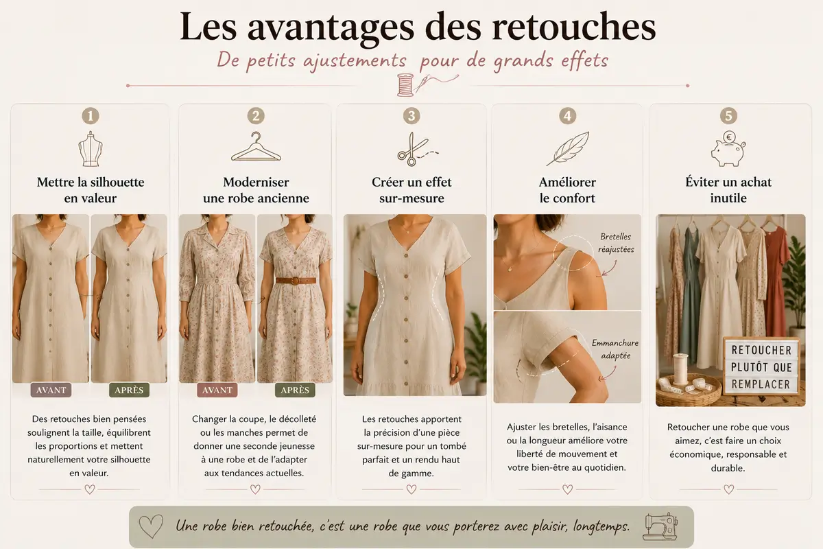 Infographie montrant les avantages des retouches couture pour mettre la silhouette en valeur, moderniser une robe ancienne, créer un effet sur-mesure, améliorer le confort et éviter un achat inutile