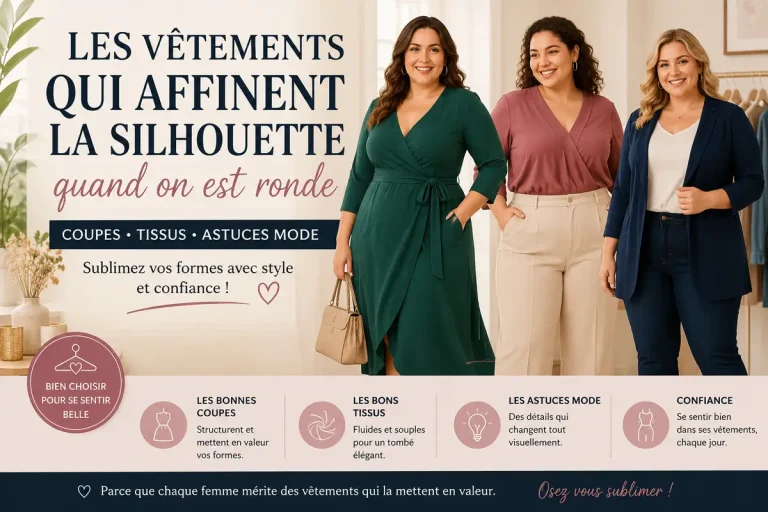 Bannière hero horizontale montrant des femmes rondes portant des vêtements fluides et structurés qui affinent la silhouette