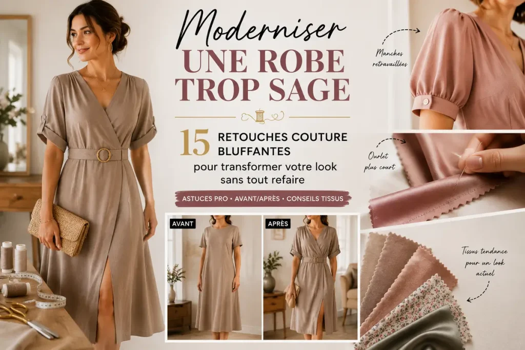 Image hero montrant une robe trop sage modernisée avec retouches couture, manches retravaillées, ourlet plus court, ceinture et tissus tendance