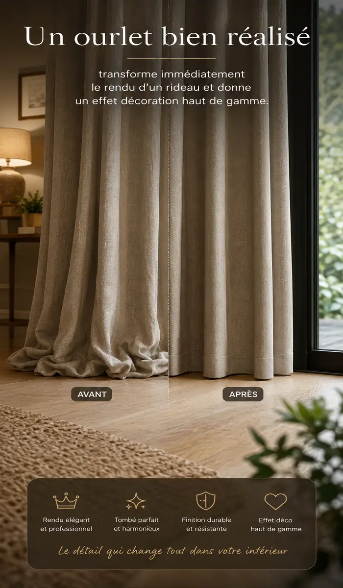 Rideaux en velours vert clair avec tombé élégant après ourlet invisible