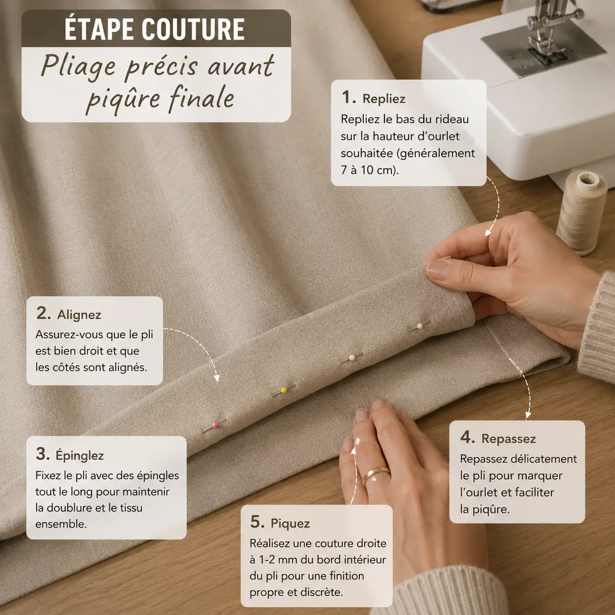 Étape couture ourlet rideaux jacquard