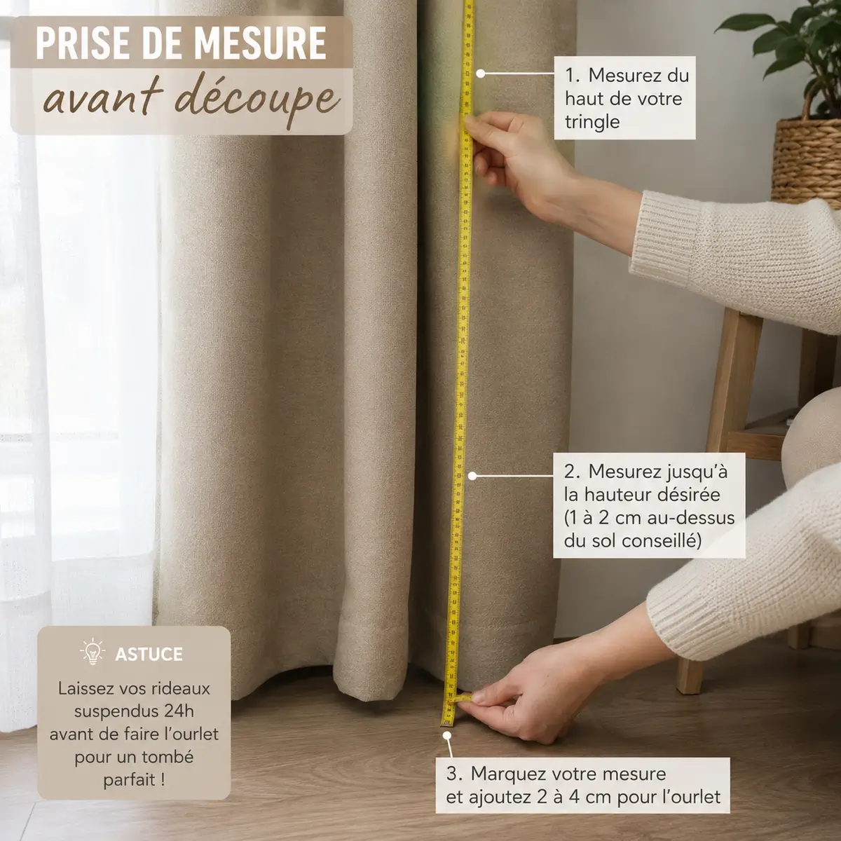 Mesure précise d'un rideau avant ourlet couture
