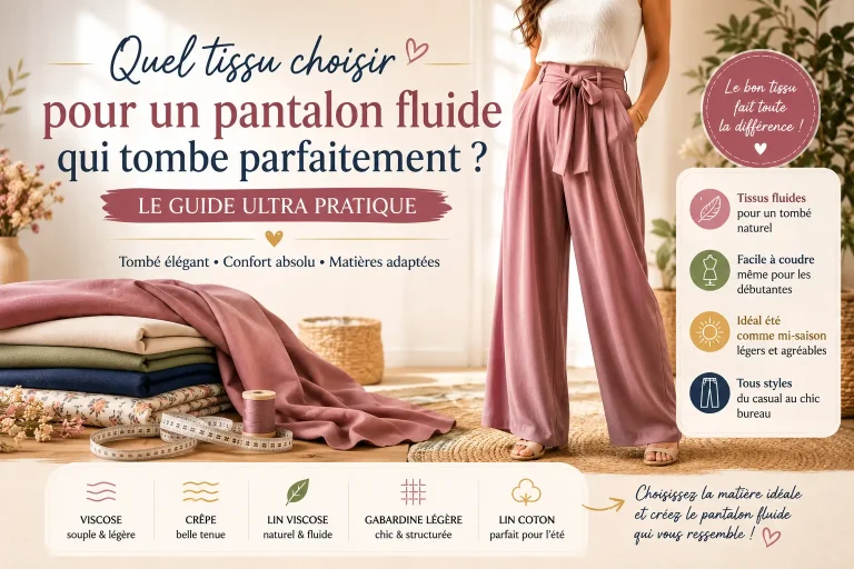 Bannière hero couture avec pantalon fluide femme et tissus viscose, crêpe, lin viscose, gabardine légère et lin coton