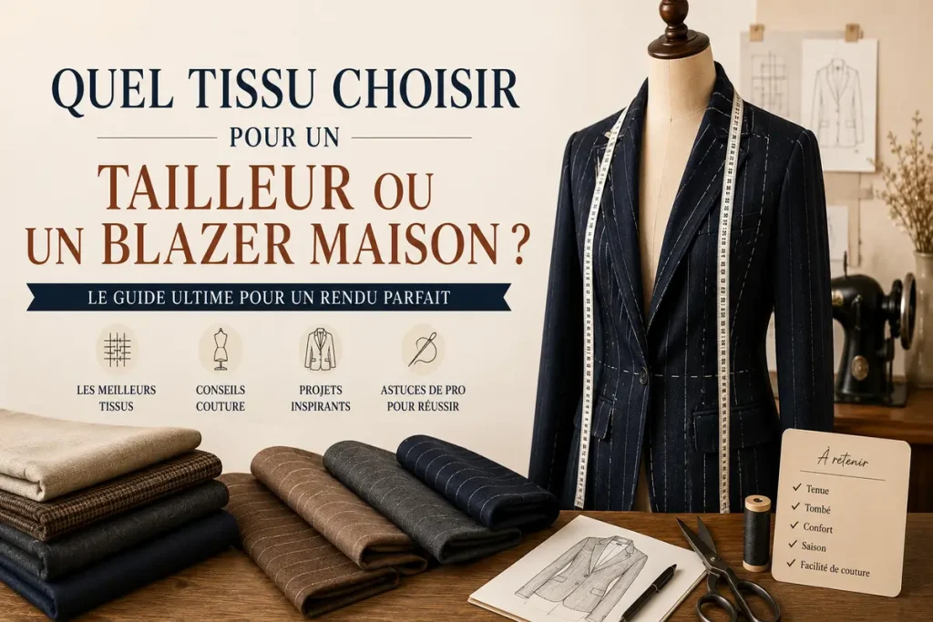 Bannière couture avec blazer sur mannequin, tissus de tailleur, mètre ruban et outils pour choisir le bon tissu de blazer maison