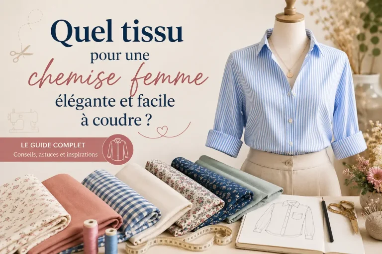 Chemise femme élégante avec tissus de couture, popeline, coton imprimé et accessoires pour choisir un tissu facile à coudre