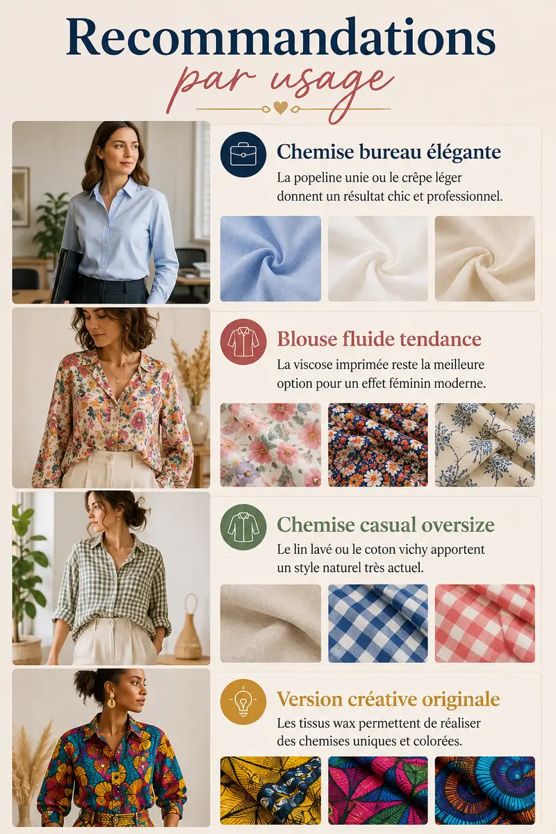 Infographie couture verticale montrant différents tissus pour chemise femme : popeline élégante, viscose fluide, lin casual et wax coloré