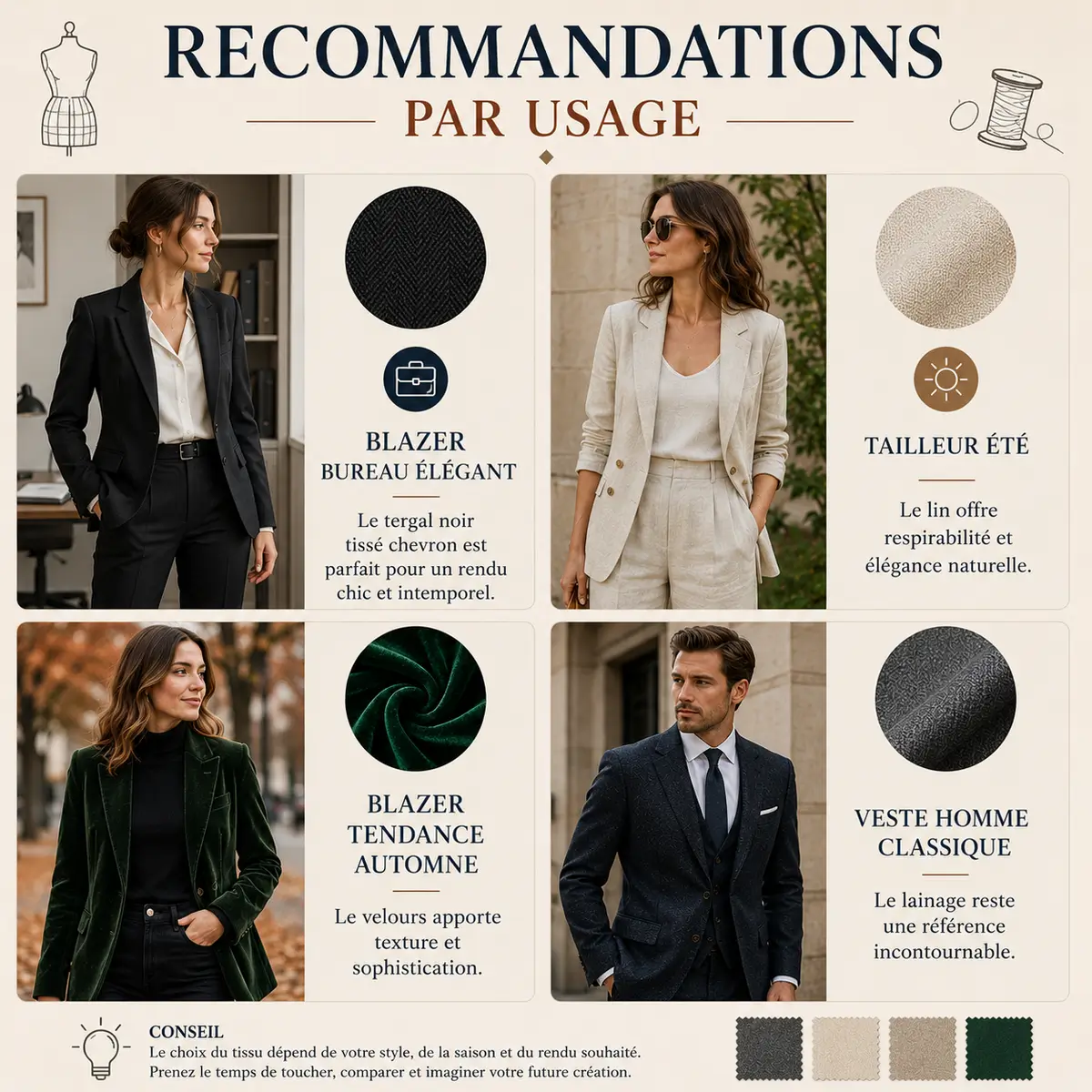 Infographie couture présentant les tissus recommandés pour blazer bureau, tailleur été en lin, blazer automne en velours et veste homme en lainage