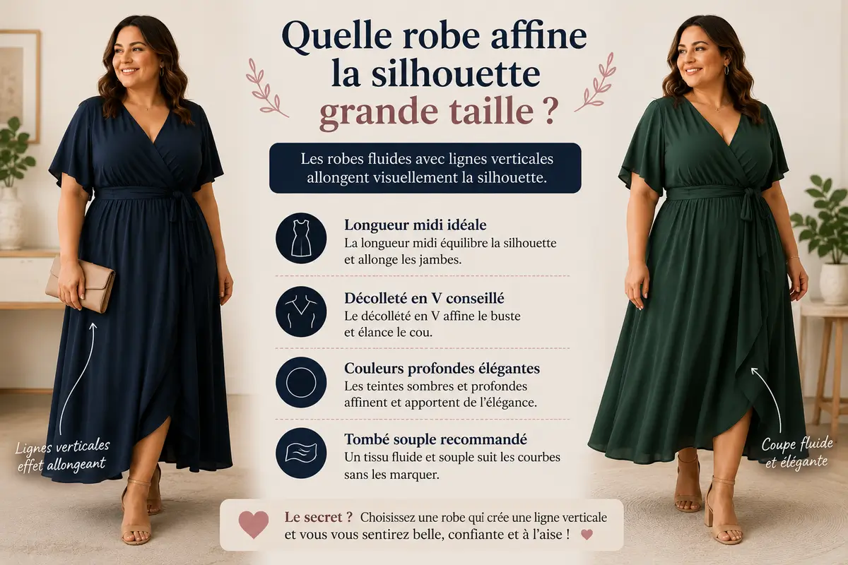 Infographie mode montrant deux robes fluides grande taille avec lignes verticales, décolleté en V, longueur midi et tombé souple
