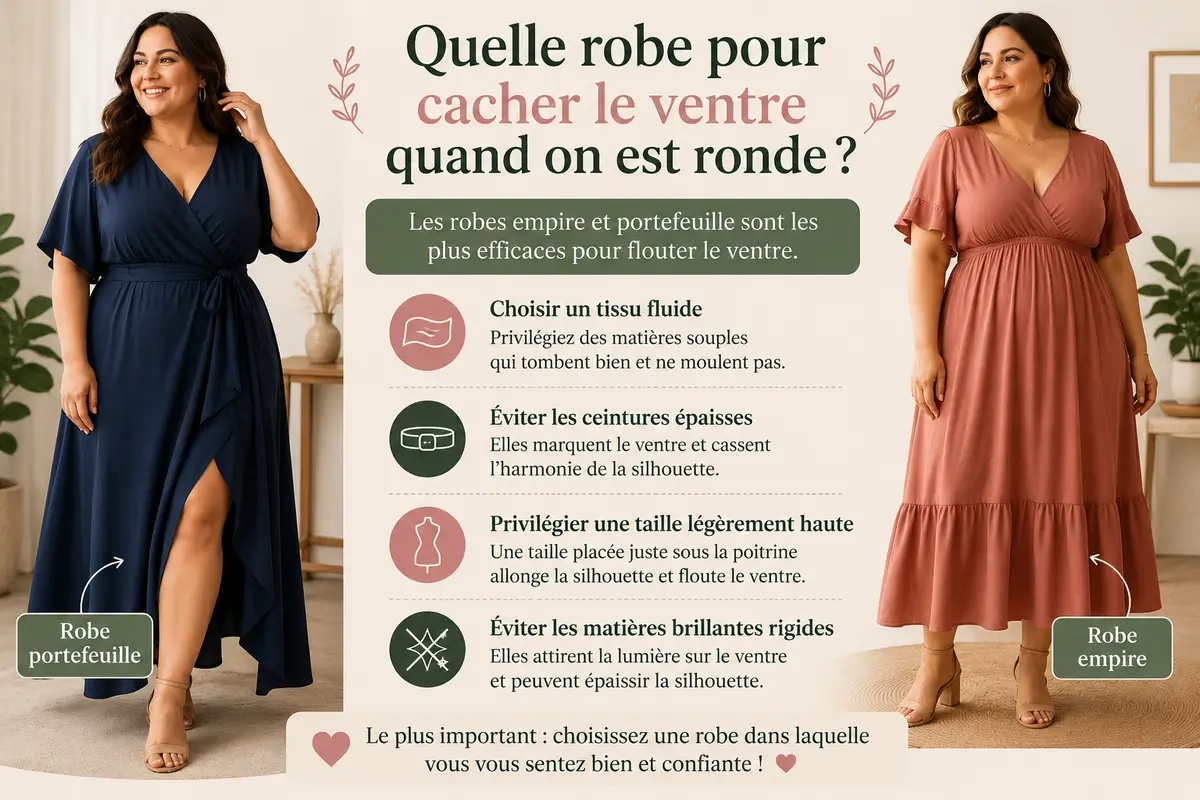 Infographie montrant une robe portefeuille et une robe empire pour femme ronde avec conseils pour flouter le ventre