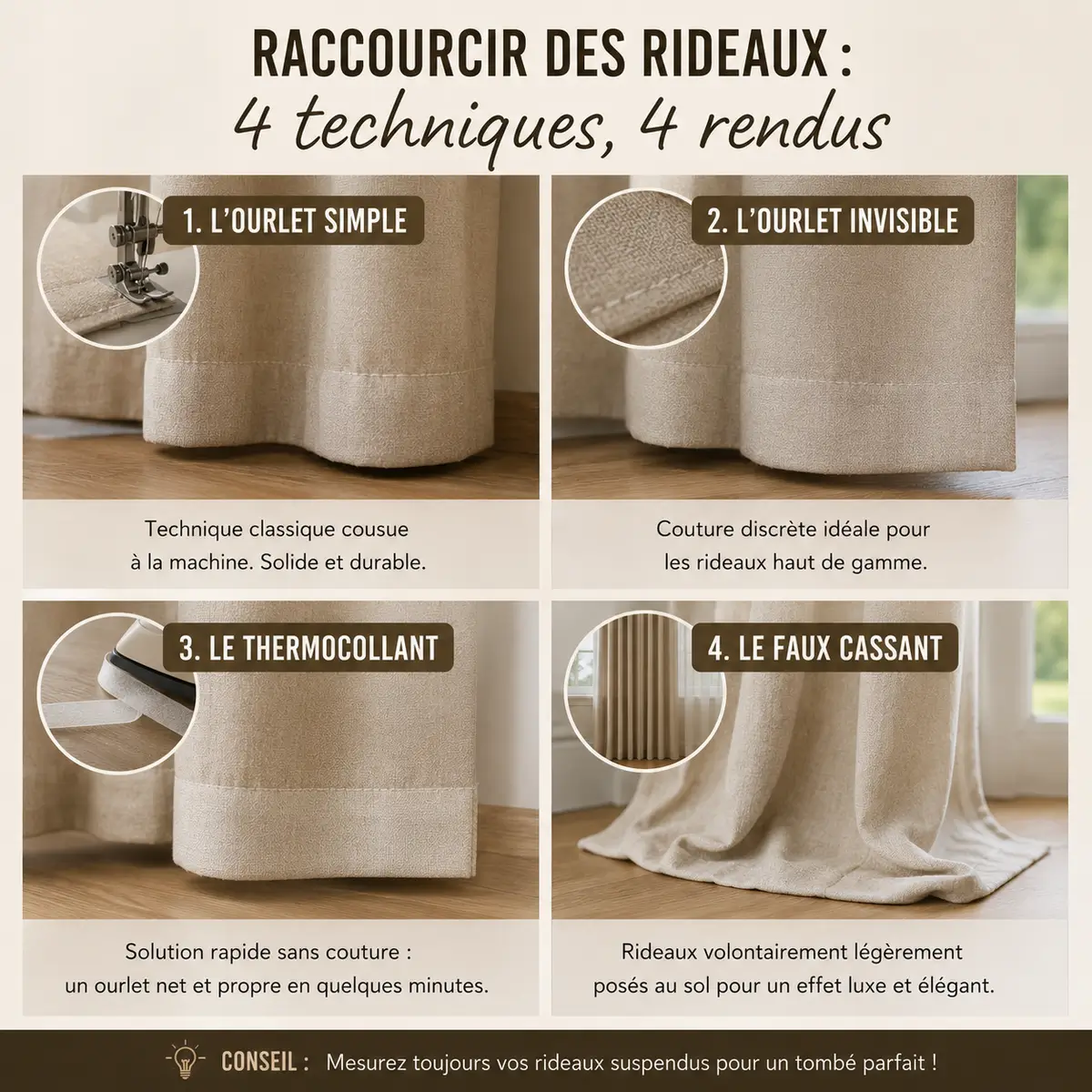 Infographie montrant quatre techniques pour raccourcir des rideaux : ourlet simple, ourlet invisible, thermocollant et faux cassant