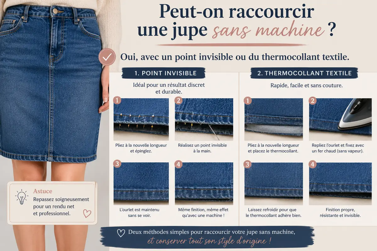 Raccourcir une jupe sans machine avec point invisible ou thermocollant