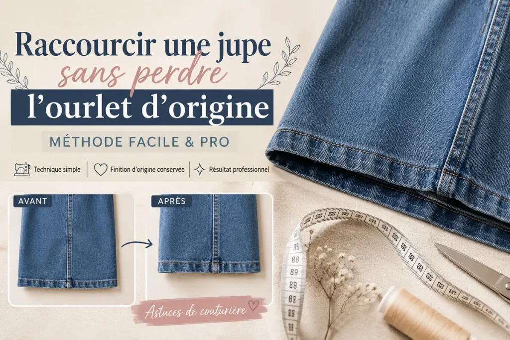Couturière en train de raccourcir une jupe en jean sans perdre l’ourlet d’origine avec machine à coudre et finition professionnelle
