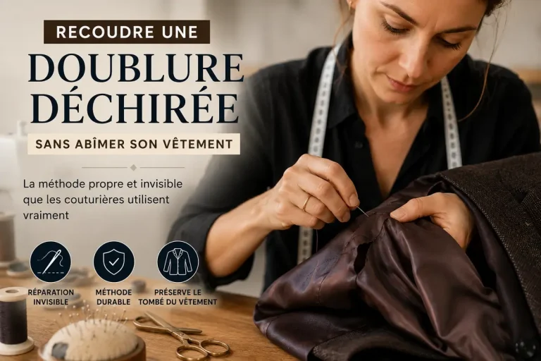 Couturière réparant une doublure déchirée à la main avec une couture invisible