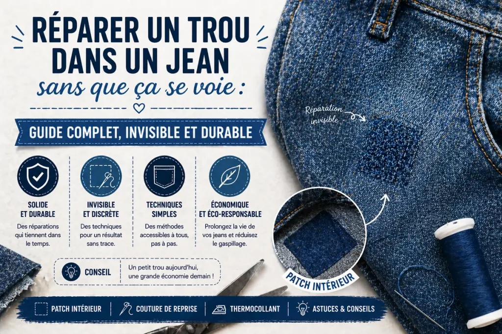 Image hero montrant une réparation invisible et durable d’un trou dans un jean avec patch intérieur et rendu discret