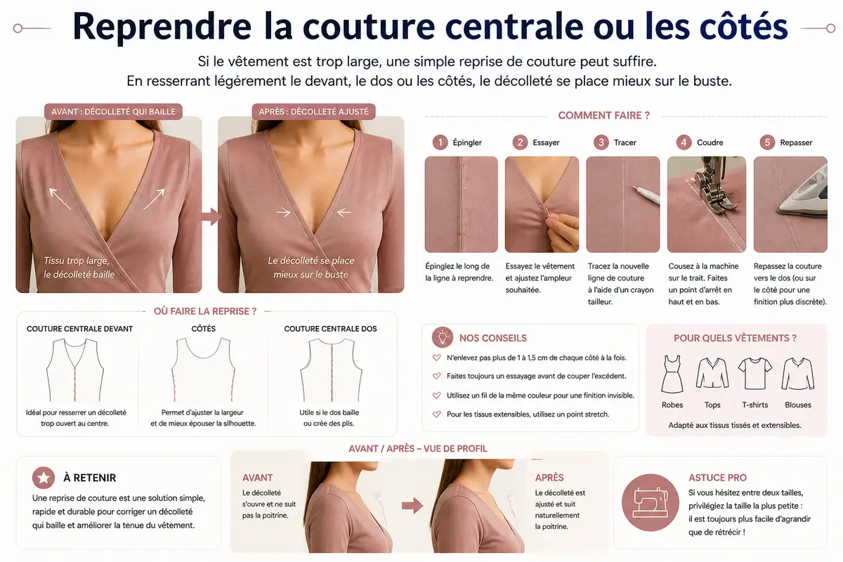 Tutoriel couture montrant comment reprendre la couture centrale ou les côtés d’un vêtement trop large pour empêcher un décolleté de bailler