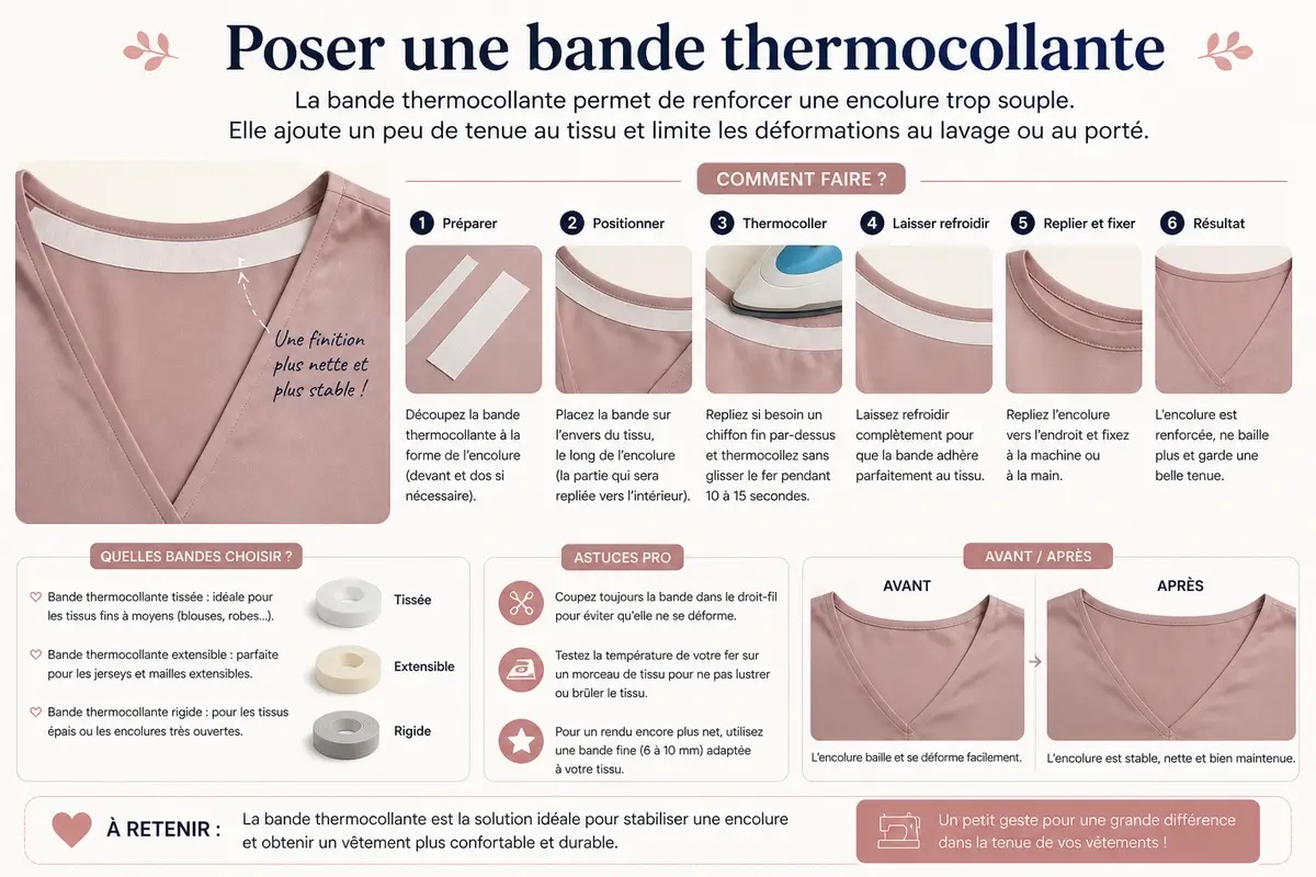 Tutoriel couture montrant comment poser une bande thermocollante pour stabiliser une encolure et éviter qu’un décolleté baille
