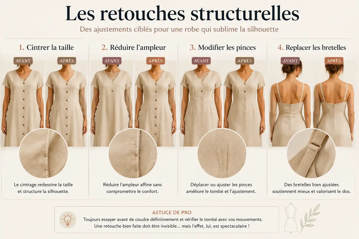 Infographie couture montrant les retouches structurelles d’une robe avec cintrage de la taille, réduction de l’ampleur, modification des pinces et bretelles replacées